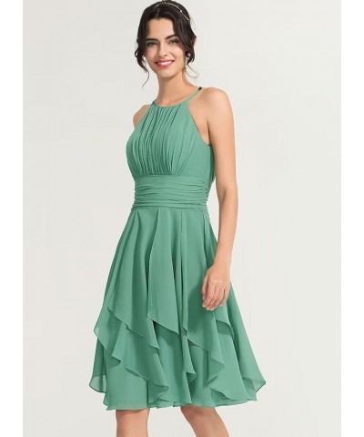 Halter Short Bridesmaid Dresses 2024 A Line Ruffle Pleated Summer Formal Dresses with Pockets for Women Wedding TN051 Aqua Bl...