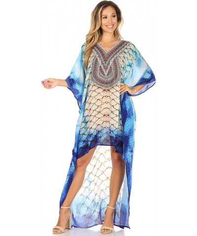 Laisson Flowy Hi Low Caftan Rhinestone Boxy V Neck Dress Top Cover/Up Scb60-blue $35.39 Swimsuits