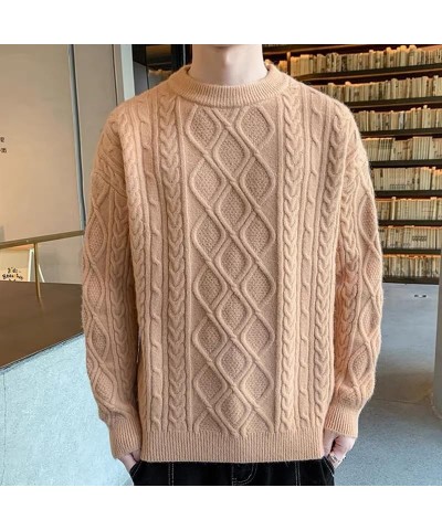 Cable Knit Sweater Women Vintage Chunky Cream Sweater Men Woven Crewneck Knitted Pullover White 010-khaki $34.79 Sweaters