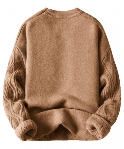 Cable Knit Sweater Women Vintage Chunky Cream Sweater Men Woven Crewneck Knitted Pullover White 010-khaki $34.79 Sweaters