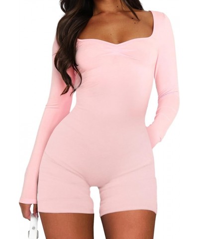 Women Square Neck Long Sleeve Bodycon Romper Ribbed One Piece Jumpsuit Shorts Unitard Bodysuit Playsuit Low Cut Ruched Baby P...