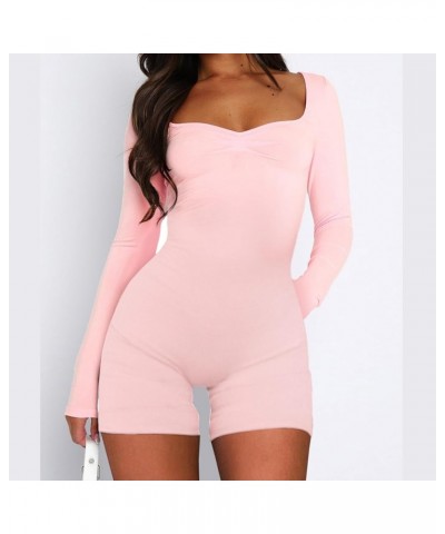 Women Square Neck Long Sleeve Bodycon Romper Ribbed One Piece Jumpsuit Shorts Unitard Bodysuit Playsuit Low Cut Ruched Baby P...