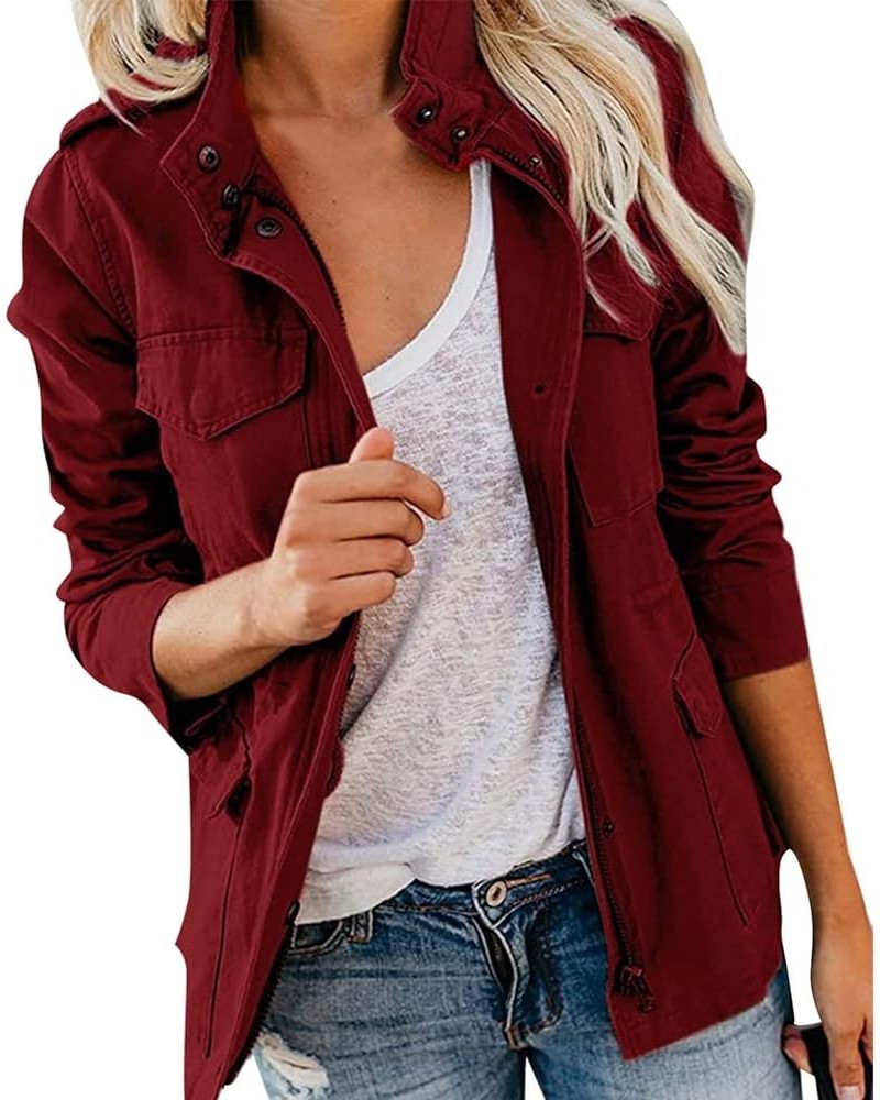 Women's Plus Size Cargo Jacket Bomber Transitional Lightweight Safari Parka Military Jacket Snap Buttons Outwear Wine $21.60 ...