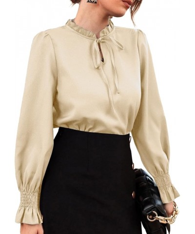 Women's Frill Mock Neck Self Tie Shirred Ruffle Long Sleeve Elegant Blouse Beige $14.70 Blouses