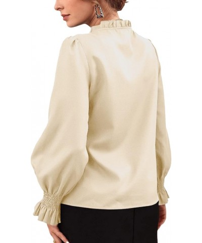 Women's Frill Mock Neck Self Tie Shirred Ruffle Long Sleeve Elegant Blouse Beige $14.70 Blouses