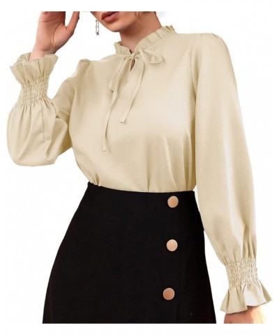 Women's Frill Mock Neck Self Tie Shirred Ruffle Long Sleeve Elegant Blouse Beige $14.70 Blouses