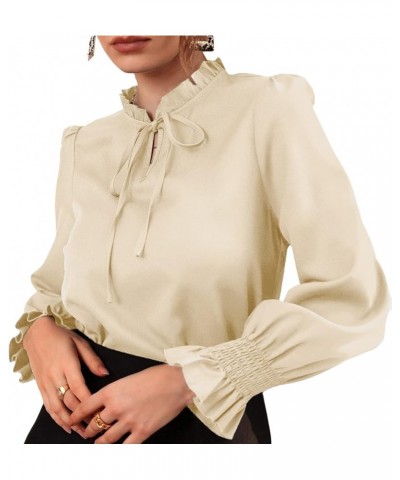 Women's Frill Mock Neck Self Tie Shirred Ruffle Long Sleeve Elegant Blouse Beige $14.70 Blouses