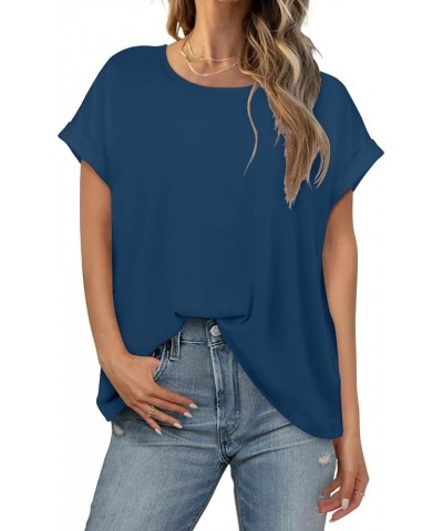 Womens Tops Oversized T Shirts Rolled Short Sleeve Blouse 2024 Loose Summer Spring Fashion Clothes Basic Casual Tee Blue $14....
