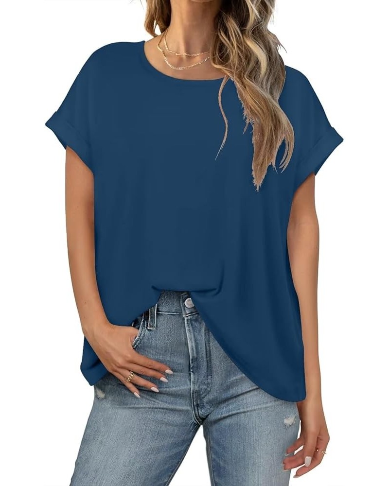 Womens Tops Oversized T Shirts Rolled Short Sleeve Blouse 2024 Loose Summer Spring Fashion Clothes Basic Casual Tee Blue $14....