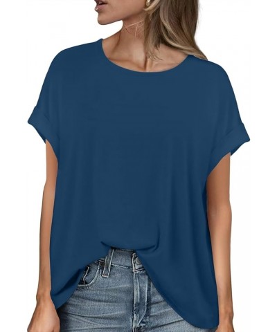 Womens Tops Oversized T Shirts Rolled Short Sleeve Blouse 2024 Loose Summer Spring Fashion Clothes Basic Casual Tee Blue $14....