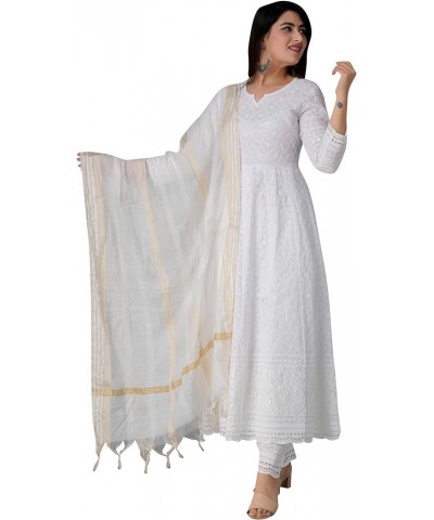 Chikankari Cotton Indian Kurti for Women Summer Dress Kurta Pant with Dupatta Set Pakistani Long Kurta-Small… White Anarkali ...