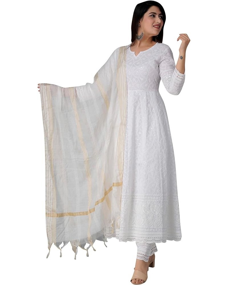 Chikankari Cotton Indian Kurti for Women Summer Dress Kurta Pant with Dupatta Set Pakistani Long Kurta-Small… White Anarkali ...