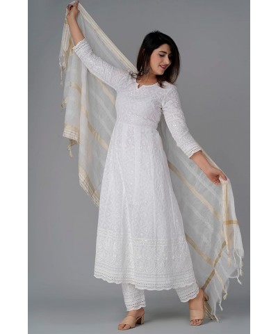 Chikankari Cotton Indian Kurti for Women Summer Dress Kurta Pant with Dupatta Set Pakistani Long Kurta-Small… White Anarkali ...