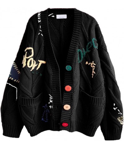 Women's Cable Knit Button Front Cardigan Cute Embroidered Pocketed Sweater Outwear Black $17.55 Sweaters