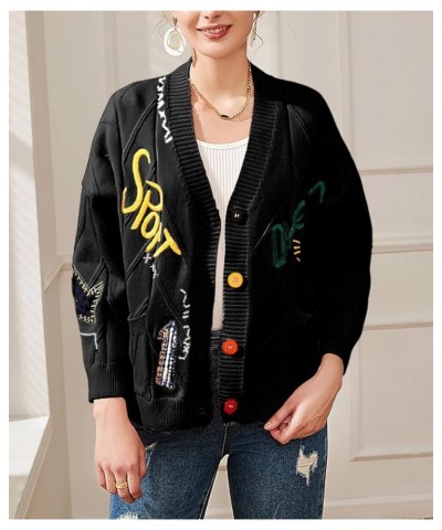 Women's Cable Knit Button Front Cardigan Cute Embroidered Pocketed Sweater Outwear Black $17.55 Sweaters