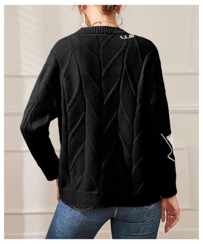 Women's Cable Knit Button Front Cardigan Cute Embroidered Pocketed Sweater Outwear Black $17.55 Sweaters