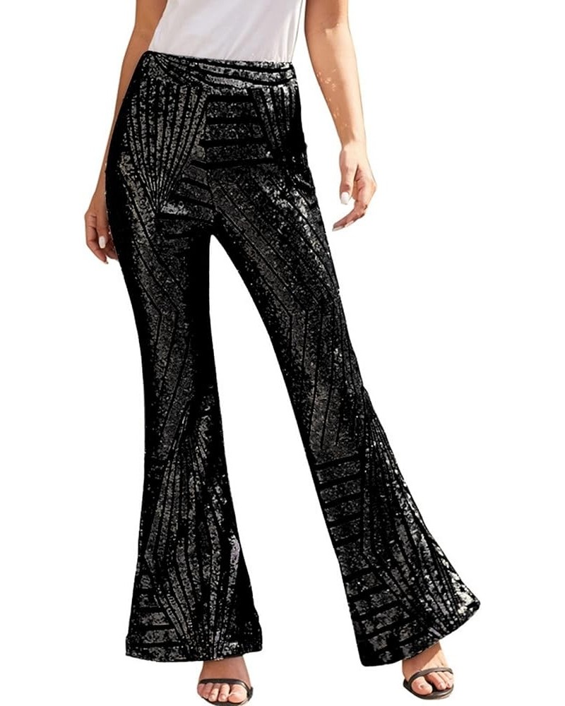 Sequin Pants Women Straight Leg High Waisted Sparkle Sequin Pants Loose Shiny Party Clubwear Bling Glitter Trousers Z2-black ...