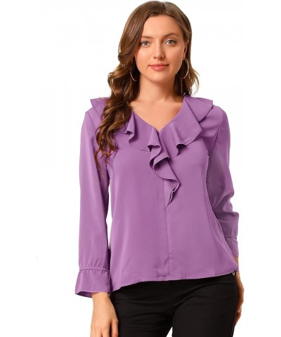 Women's Ruffle Blouse for Business Work Elegant V Neck Long Sleeve Casual Dressy Top Purple $17.33 Blouses