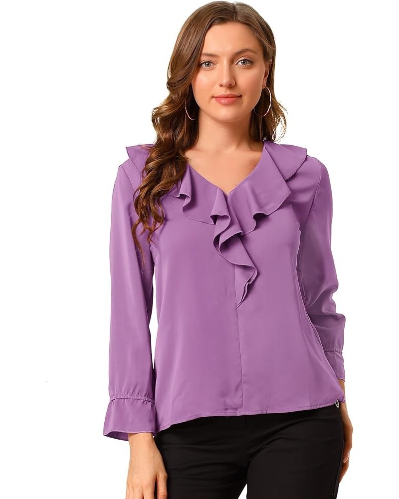 Women's Ruffle Blouse for Business Work Elegant V Neck Long Sleeve Casual Dressy Top Purple $17.33 Blouses