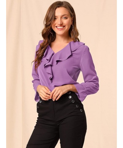 Women's Ruffle Blouse for Business Work Elegant V Neck Long Sleeve Casual Dressy Top Purple $17.33 Blouses