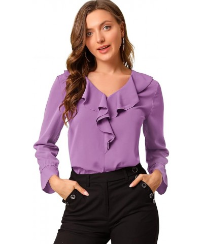 Women's Ruffle Blouse for Business Work Elegant V Neck Long Sleeve Casual Dressy Top Purple $17.33 Blouses