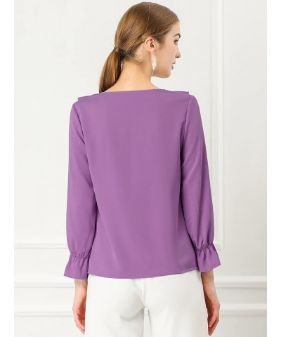 Women's Ruffle Blouse for Business Work Elegant V Neck Long Sleeve Casual Dressy Top Purple $17.33 Blouses