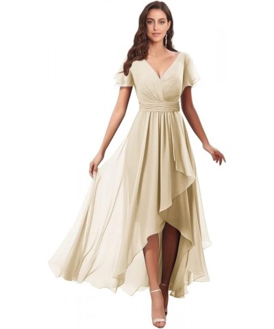 V Neck Bridesmaid Dresses for Wedding with Sleeves Ruffle High Low Chiffon Mother of The Bride Dresses Champagne $21.50 Dresses