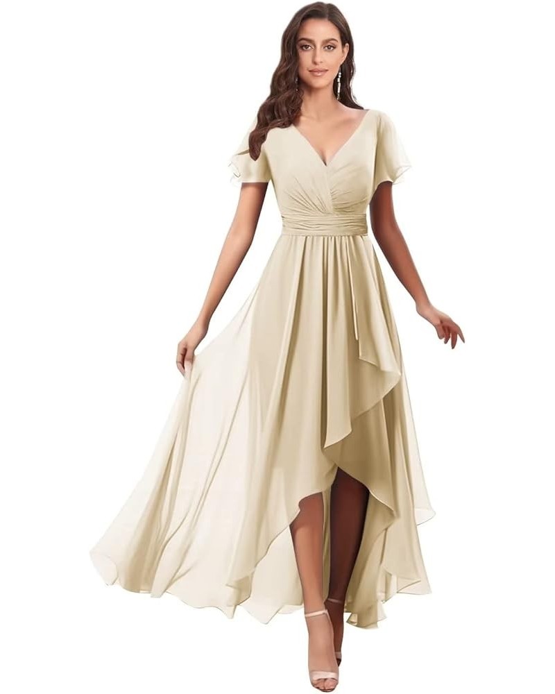 V Neck Bridesmaid Dresses for Wedding with Sleeves Ruffle High Low Chiffon Mother of The Bride Dresses Champagne $21.50 Dresses