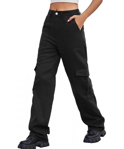 Women Cargo Pants Elastic High Waist Casual Jean Pants Multi Pockets Straight Leg Denim Trouser Black $18.54 Jeans