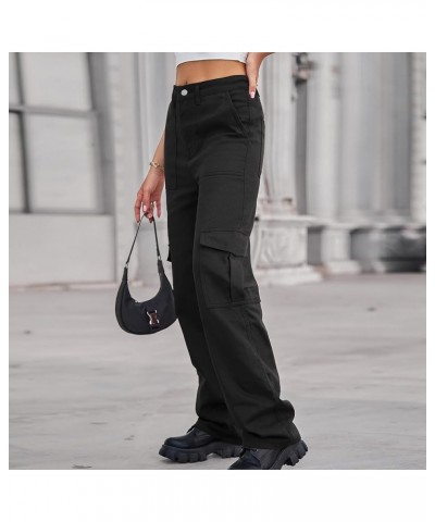 Women Cargo Pants Elastic High Waist Casual Jean Pants Multi Pockets Straight Leg Denim Trouser Black $18.54 Jeans