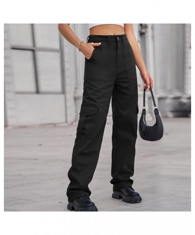 Women Cargo Pants Elastic High Waist Casual Jean Pants Multi Pockets Straight Leg Denim Trouser Black $18.54 Jeans