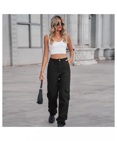 Women Cargo Pants Elastic High Waist Casual Jean Pants Multi Pockets Straight Leg Denim Trouser Black $18.54 Jeans