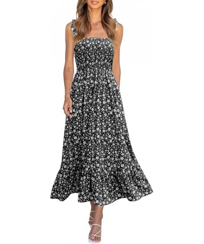 Womens Summer Dress Tie Strap Boho Floral Beach Dress Square Neck Ruffle Sun Dresses A Line Smocked Maxi Dress L-black $27.55...