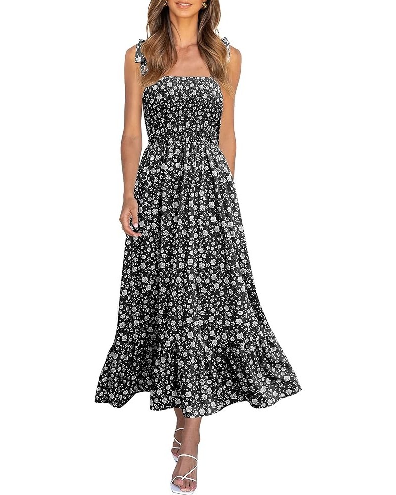 Womens Summer Dress Tie Strap Boho Floral Beach Dress Square Neck Ruffle Sun Dresses A Line Smocked Maxi Dress L-black $27.55...