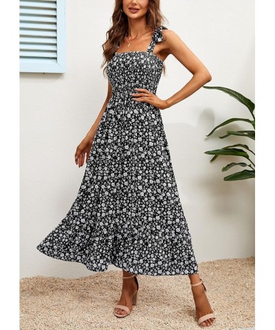 Womens Summer Dress Tie Strap Boho Floral Beach Dress Square Neck Ruffle Sun Dresses A Line Smocked Maxi Dress L-black $27.55...