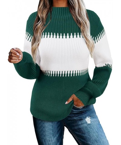 Womens Fall Sweater Casual Long Sleeve Turtleneck Colorblock Striped Chunky Pullover Loose Knit Jumper Green $10.79 Sweaters