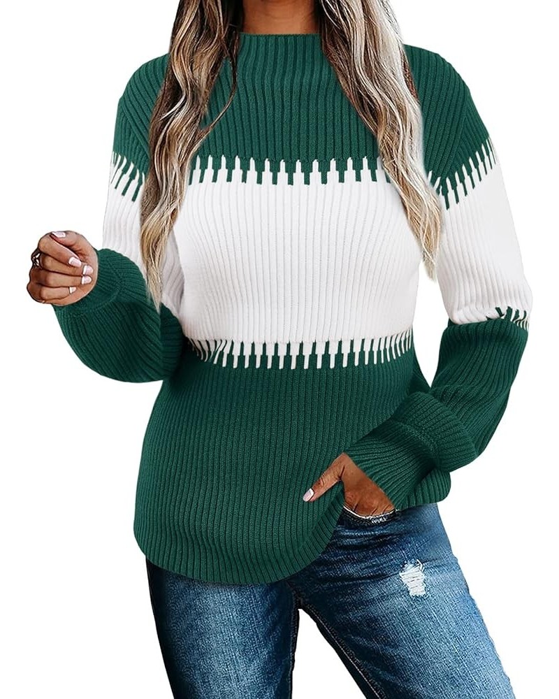 Womens Fall Sweater Casual Long Sleeve Turtleneck Colorblock Striped Chunky Pullover Loose Knit Jumper Green $10.79 Sweaters