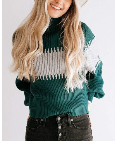 Womens Fall Sweater Casual Long Sleeve Turtleneck Colorblock Striped Chunky Pullover Loose Knit Jumper Green $10.79 Sweaters