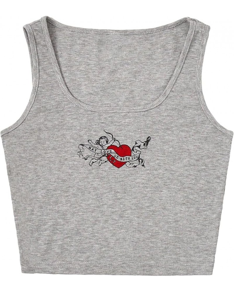 Women's Casual Sleeveless Camisole Scoop Neck Slim Fit Crop Tank Top Light Grey Heart $10.50 Tanks