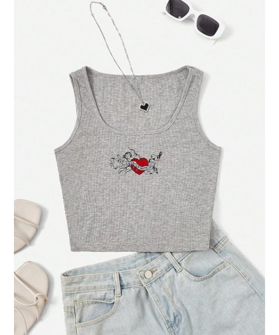 Women's Casual Sleeveless Camisole Scoop Neck Slim Fit Crop Tank Top Light Grey Heart $10.50 Tanks