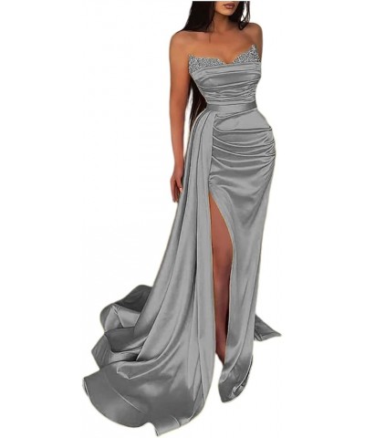 Women's Prom Dresses with Slit Strapless Sparkly Mermaid Pleated Beading Stain Formal Evening Gowns Silver $33.21 Dresses