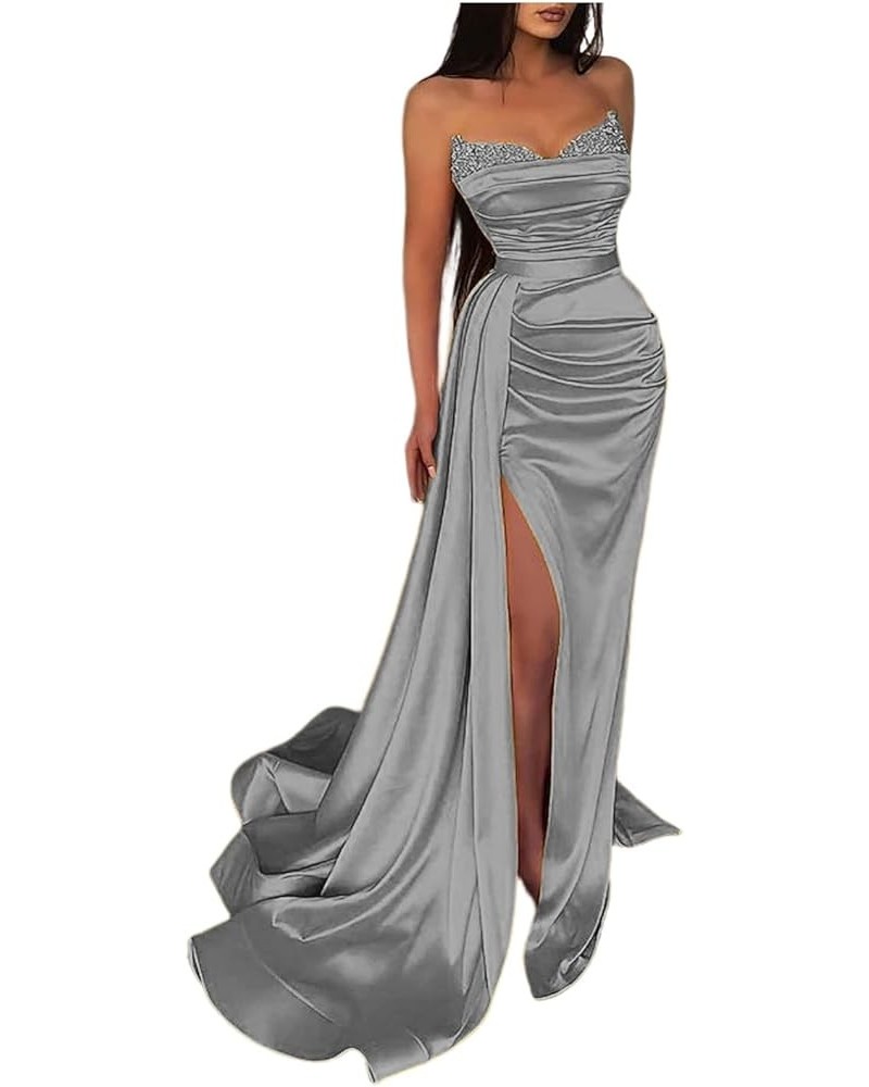 Women's Prom Dresses with Slit Strapless Sparkly Mermaid Pleated Beading Stain Formal Evening Gowns Silver $33.21 Dresses