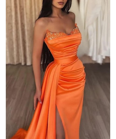 Women's Prom Dresses with Slit Strapless Sparkly Mermaid Pleated Beading Stain Formal Evening Gowns Silver $33.21 Dresses