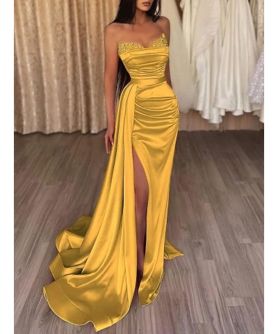 Women's Prom Dresses with Slit Strapless Sparkly Mermaid Pleated Beading Stain Formal Evening Gowns Silver $33.21 Dresses