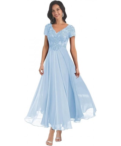 Chiffon Lace Appliques Mother of The Bride Dresses for Wedding Long V Neck Short Sleeves Formal Evening Dress Light Blue $28....