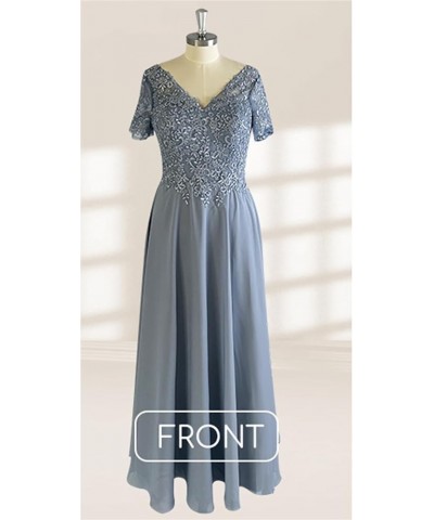 Chiffon Lace Appliques Mother of The Bride Dresses for Wedding Long V Neck Short Sleeves Formal Evening Dress Light Blue $28....