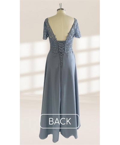 Chiffon Lace Appliques Mother of The Bride Dresses for Wedding Long V Neck Short Sleeves Formal Evening Dress Light Blue $28....