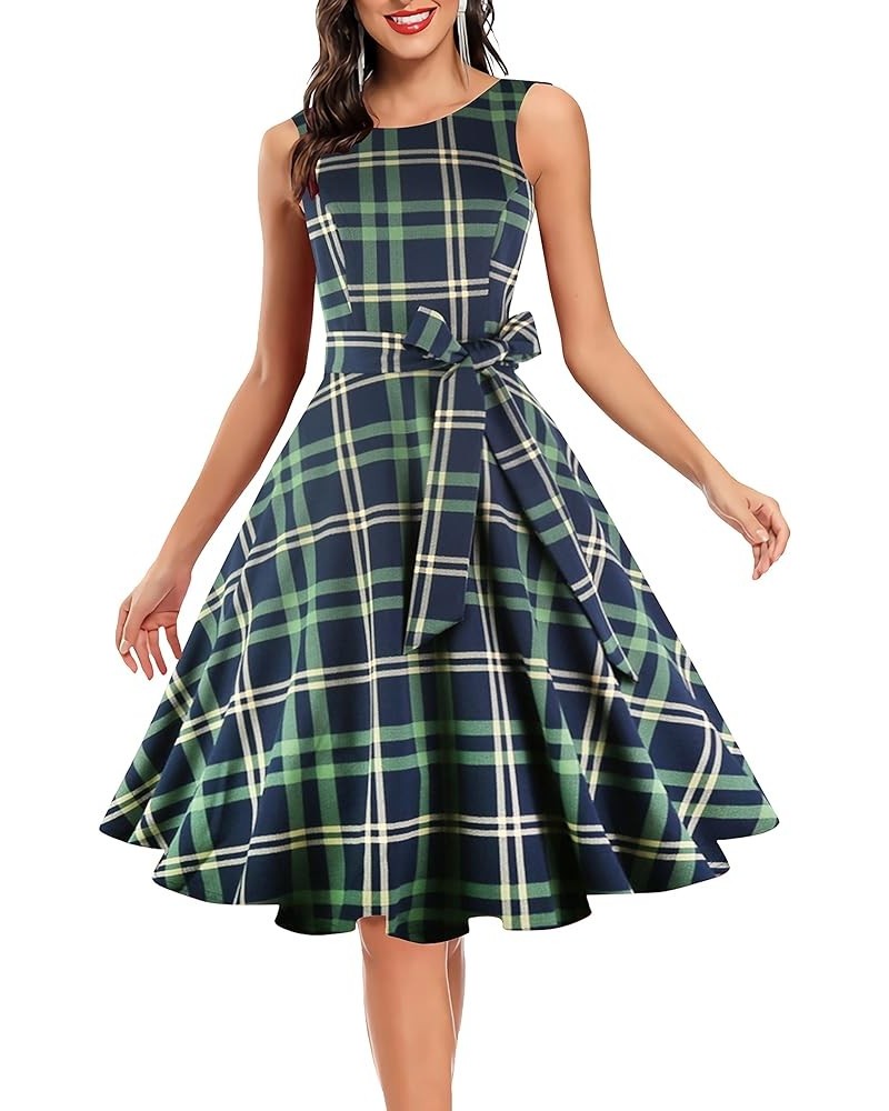 Women's 50s 60s Vintage Sleeveless Cocktail Party Dress Z-green Plaid Boatneck $30.08 Dresses