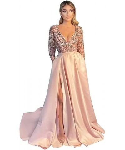 Sparkly Sequin Prom Dresses V Neck Long Sleeve Bridesmaids Dress High Slit with Pockets Formal Evening Party Gowns Blush Pink...
