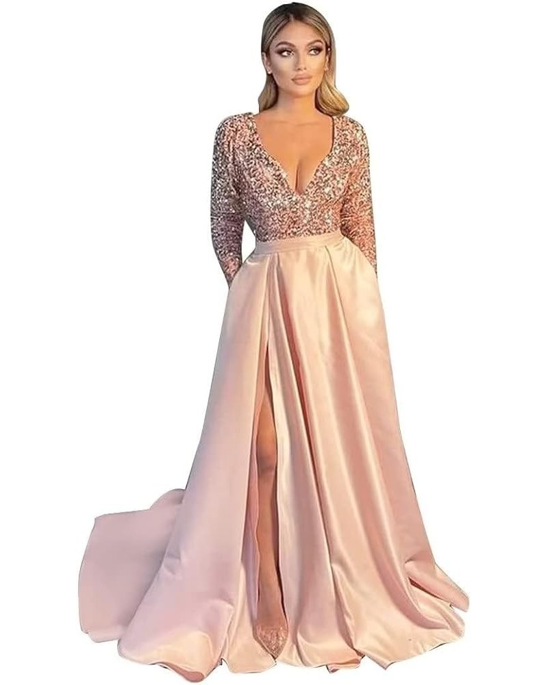 Sparkly Sequin Prom Dresses V Neck Long Sleeve Bridesmaids Dress High Slit with Pockets Formal Evening Party Gowns Blush Pink...